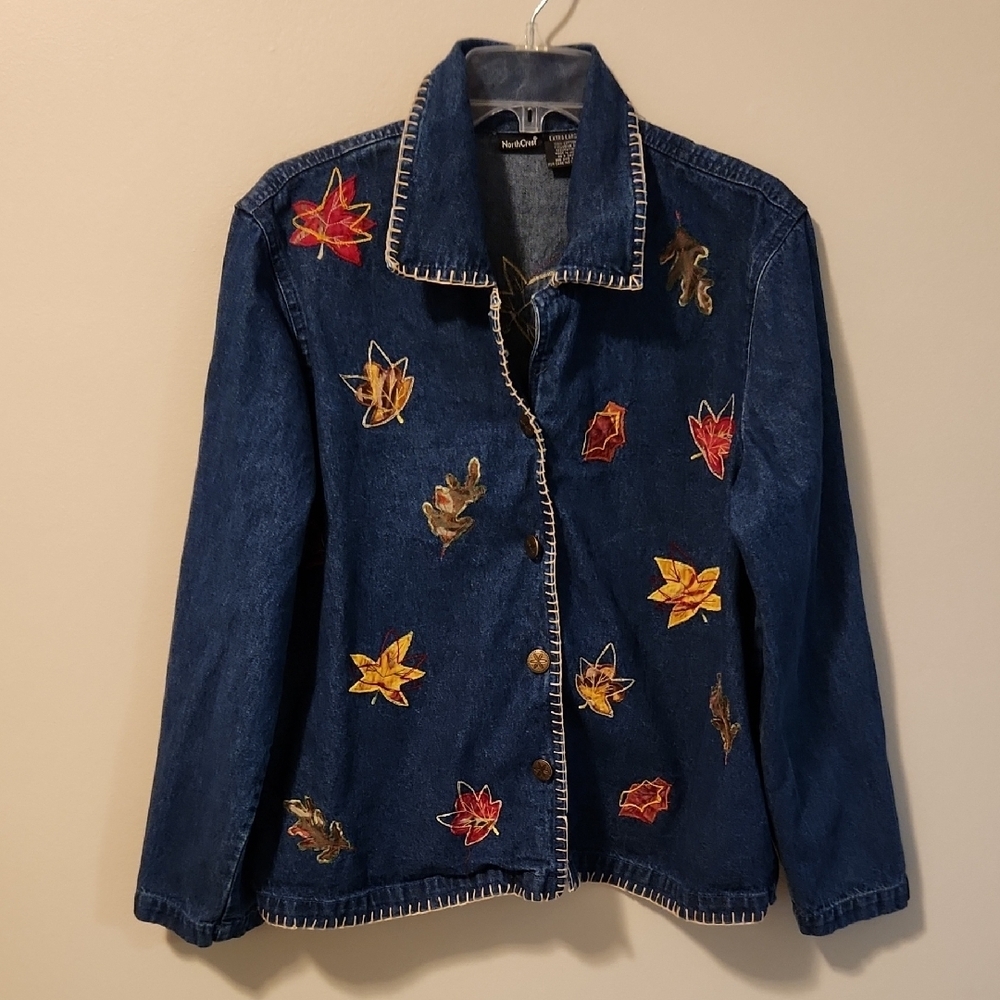 Northcrest Women's Vintage Embroidered Leaves Denim Jacket/Blazer Sz XL